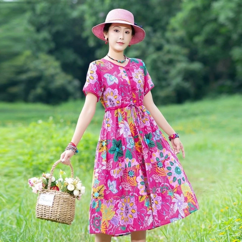 

2021 Women Spring Summer Vintage Solid Dress Ladies Print Lace Up Short Sleeve Pleated Vestidos Female Casual Loose Dresses J114