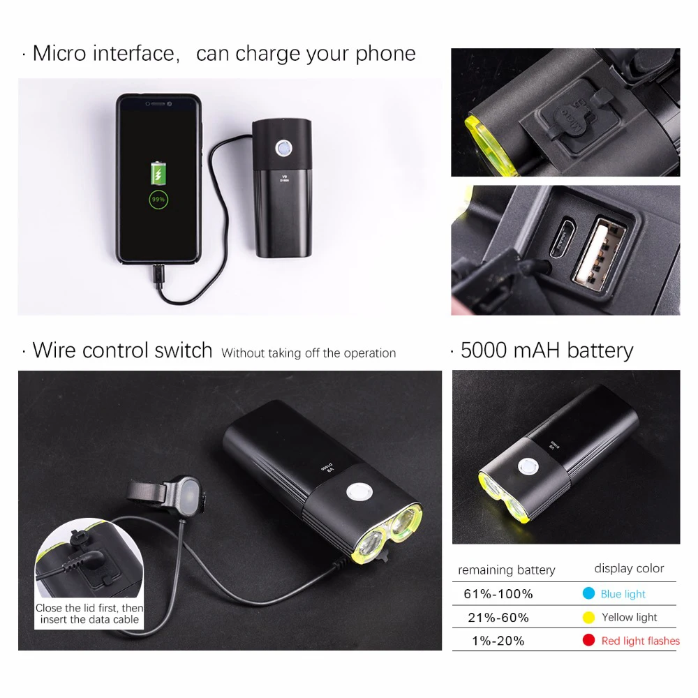 spesifikasi Sepeda Profesional IPX6 Tahan Air 1600 Lumen Lampu Bersepeda Power Bank Aksesoris Sepeda USB Rechargeable Senter Lampu