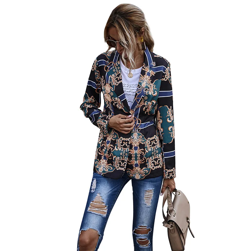 

Hot flip-flop vintage print trim suit jacket women's long-sleeved single-breasted jacket