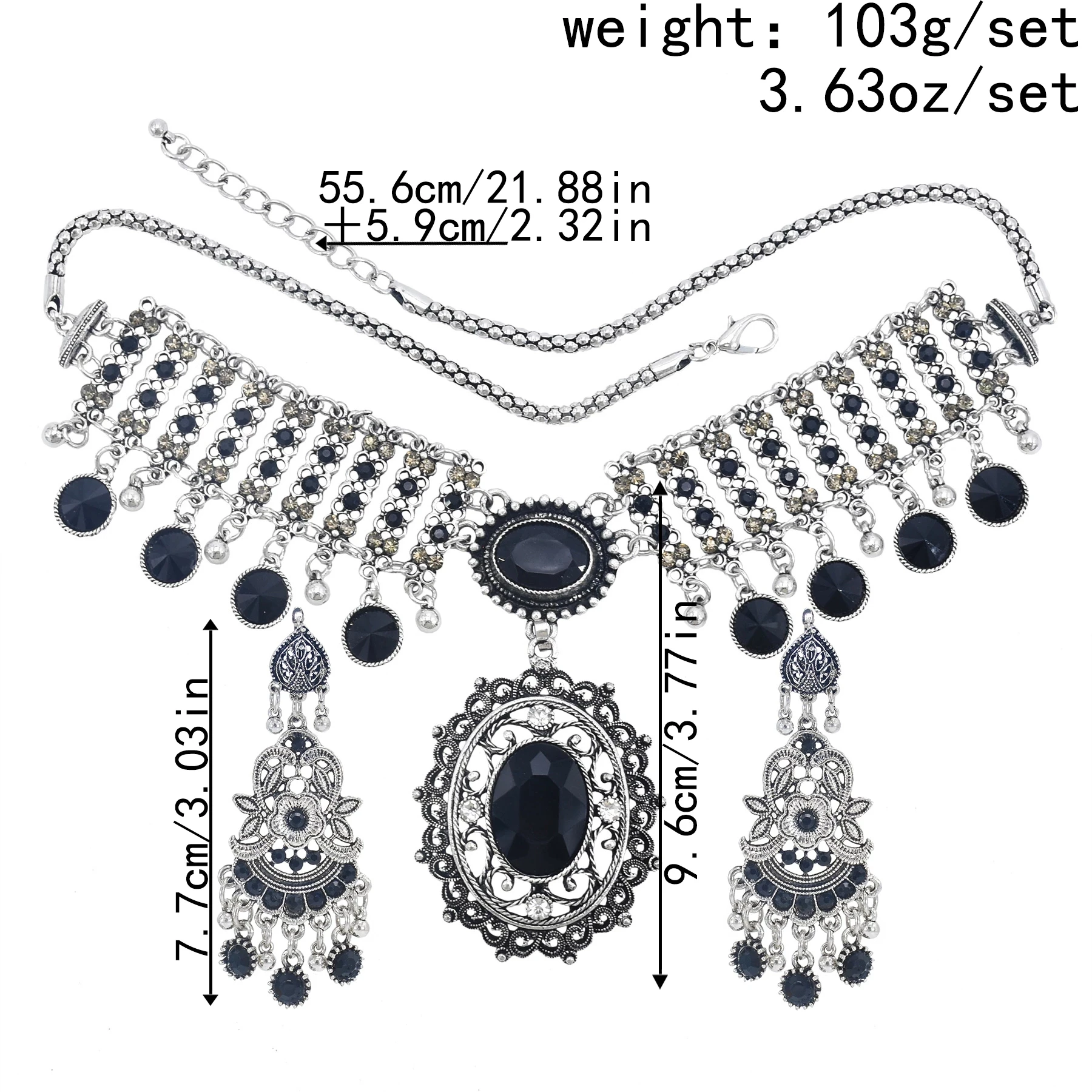 

Bohemian Vintage Jewelry Set For Women Black Green Rhinestone Tassel Necklace Earring Gypsy Ethnic Outdoor Party Accessories Set