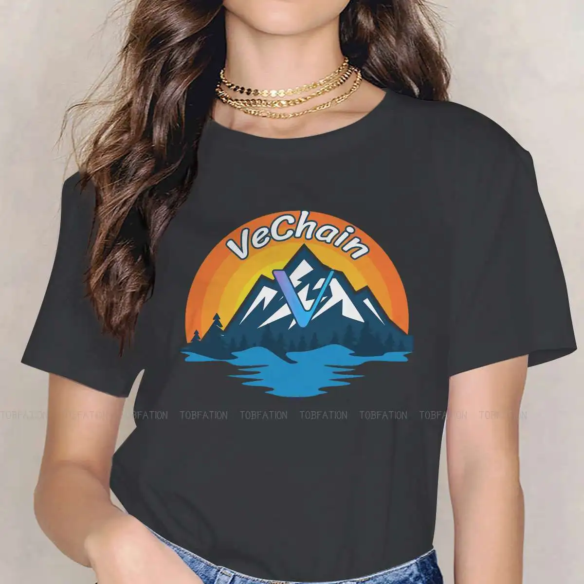 

Женская футболка с круглым вырезом VET Mountain Sunset, футболка для девушек с принтом криптовалюты Vechain, 5XL, модный подарок