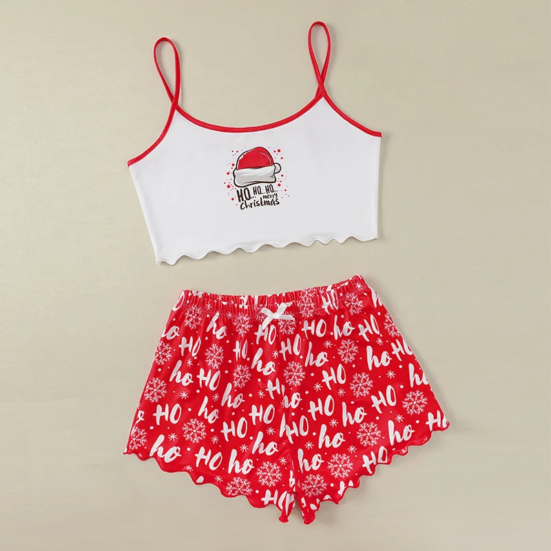 

2020 Casual Christmas snowflakes Cartoon Pritned Camis Crop Tops Shorts Pajama Set Women Christmas Party Pajamas Drop Shipping