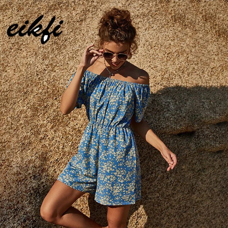 

EIKFI All Ditsy Floral Print Women Playsuit Summer Ladies Off The Shoulder Short Sleeve High Waist Bohemian Romper Playsuits New