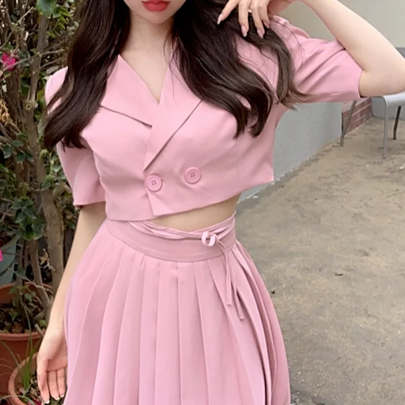 Fashion Short-sleeved Suit Jacket Women's Short Small Suit 2023 Summer Loose Tie High Waist Top Sexy Skirt Office Clothes Women