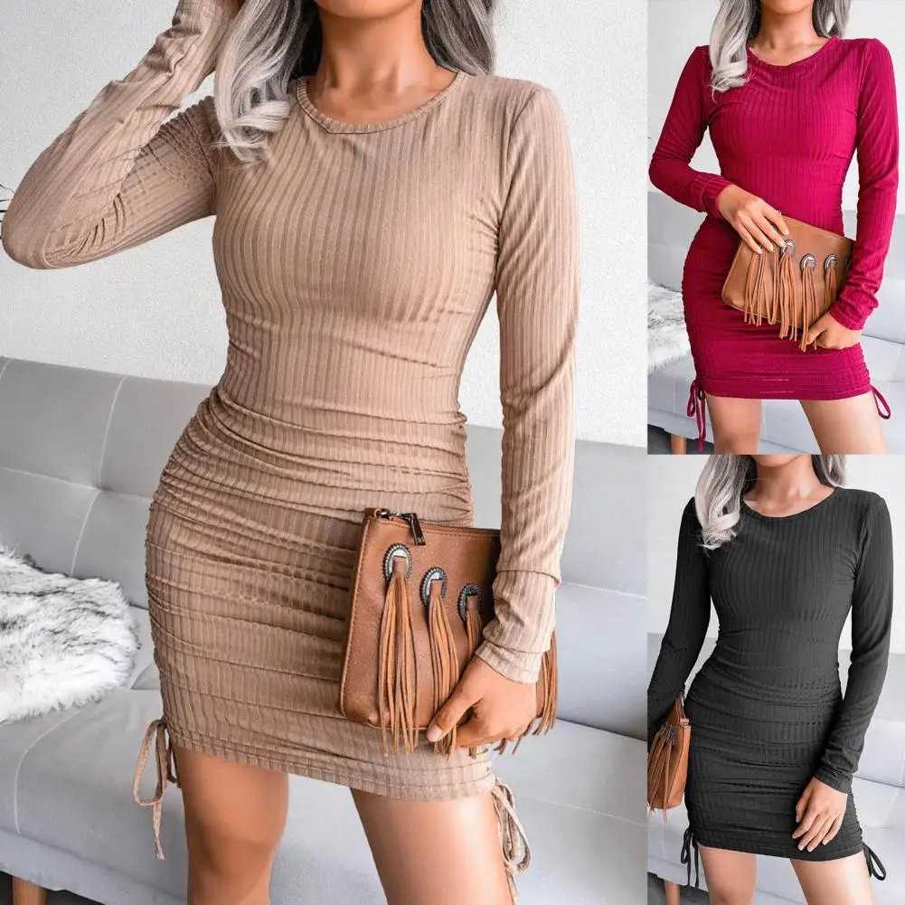 

Sexy Autumn Bodycon Women Dress Striped Drawstring Dress Long Sleeve Round Neck Office Lady Mini Dress for Daily/Party 2021