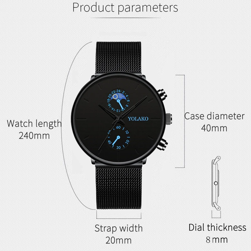Мужские повседневные часы из черного сплава с сеткой Креативные мужские большим