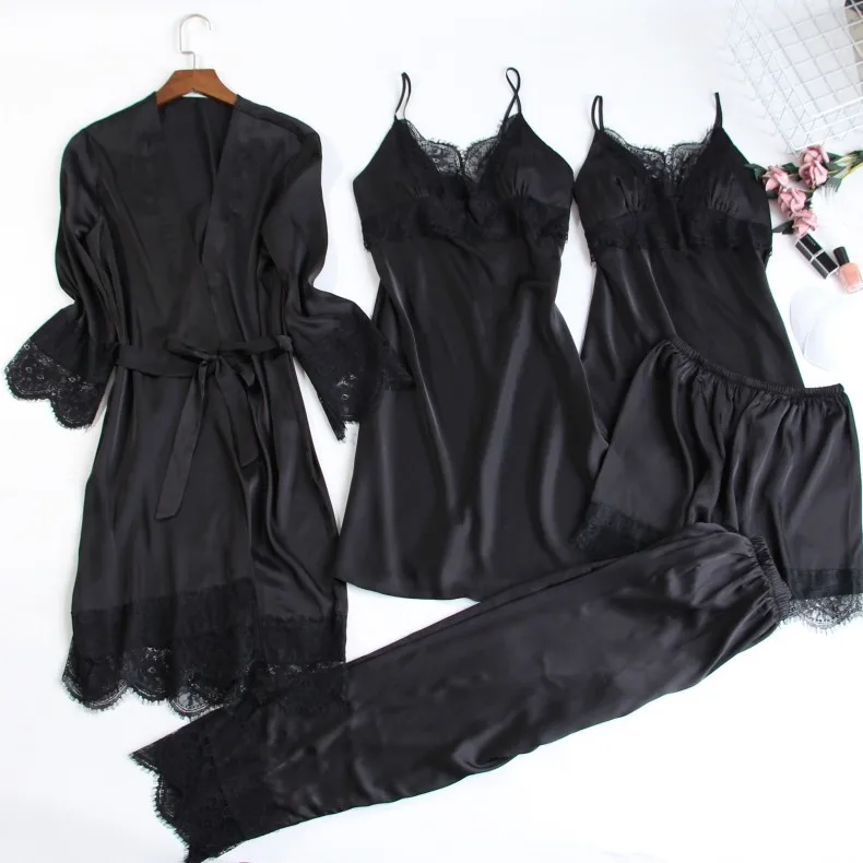 

Sexy Sweet Lace Flower Trim 5PCS Kimono Bathrobe Robe Sets Women Strap Top Nightdress&Bath Sleep Suit Sleepwear Spring Nightwear