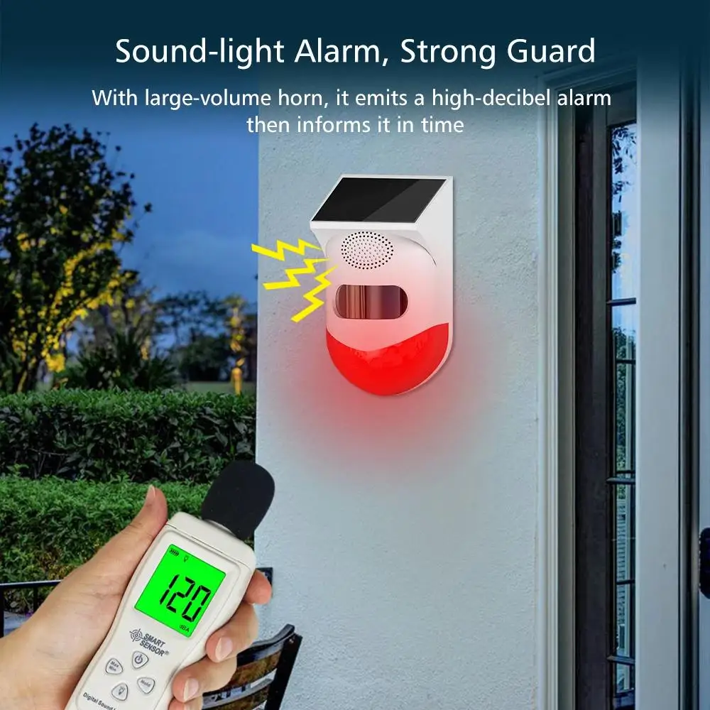 

Solar Powered Infrared Motion Sensor Detector Siren Strobe Alarm System Waterproof 120dB Loud For Home Yard Outdoor Security