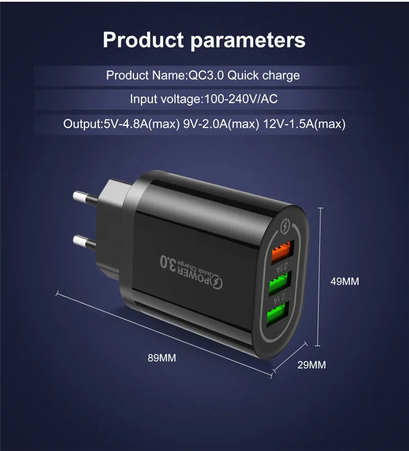 USLION Быстрая зарядка 3,0 USB зарядное устройство для телефона Samsung S8 S9 Xiaomi mi 8 Huawei быстрая настенная Зарядка для iPhone 6 7 8 X XS Max iPad