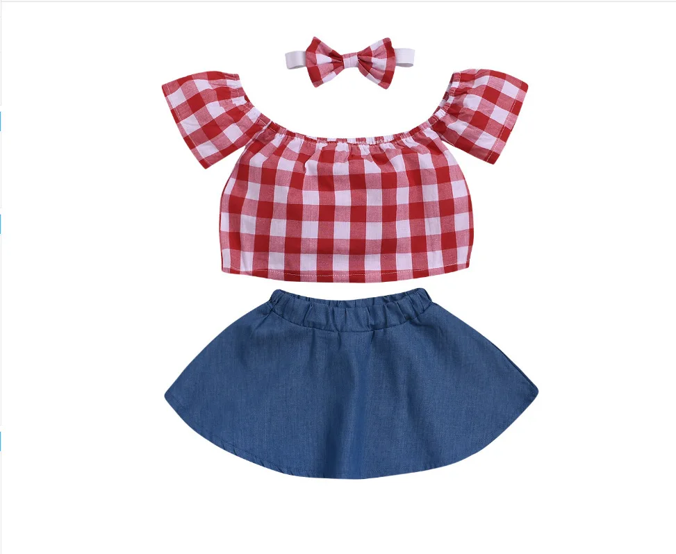 3 шт. клетчатая футболка + джинсовая юбка повязка на голову|Комплекты одежды| |