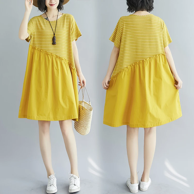 COIGARSAM Striped Women dress New Summer Patchwork Loose Dresses Black Light Blue Turmeric 1976 | Женская одежда