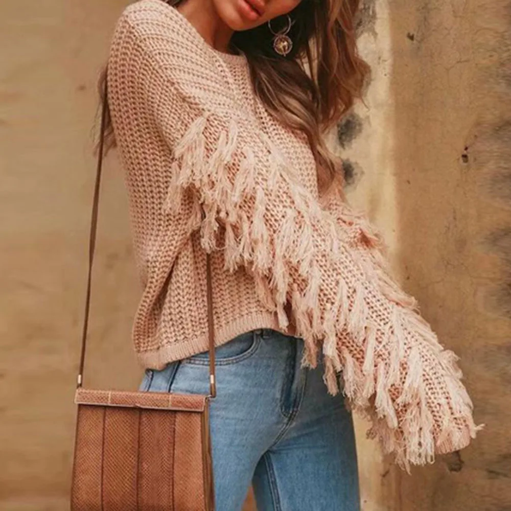 Женские зимние розовые вязаные свитера с кисточками женские осенние однотонные