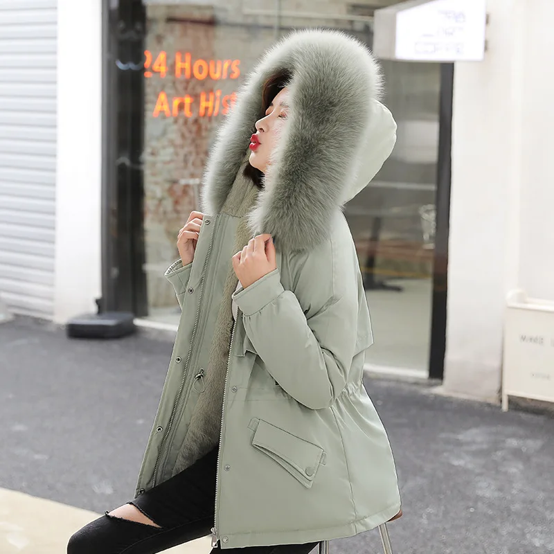 Autumn Winter Women Warm Hooded Parkas Windproof Thick Furry Collar Zipper Cotton Coats Solid Colors Plush Comfort Down Jacket