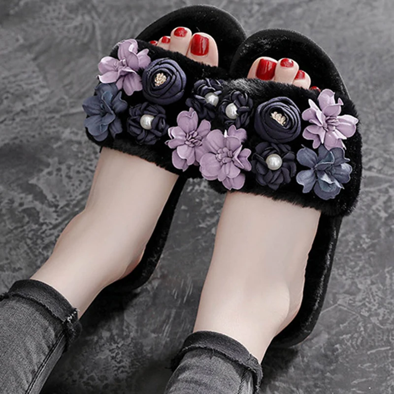 Тапки женские зимние меховые с цветами теплые без застежки плоская подошва
