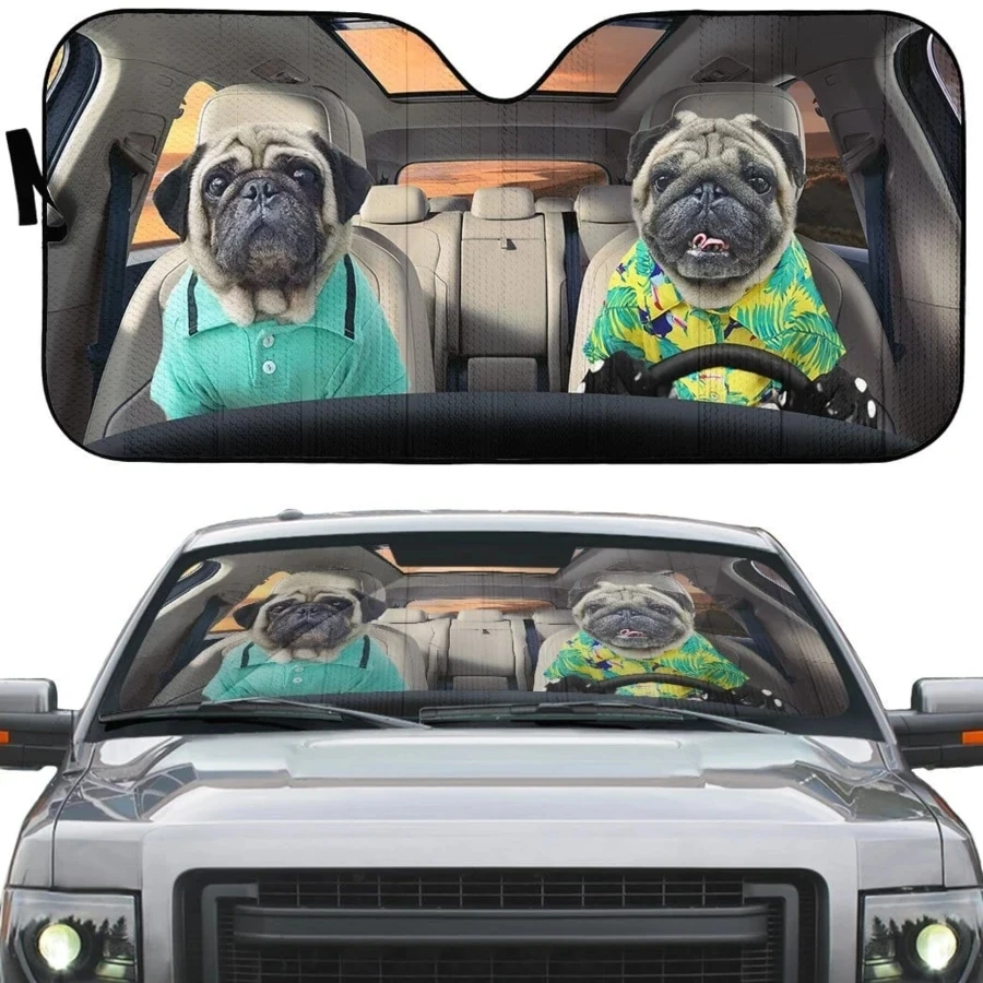 

Funny Pugs Dog Couple Pattern Car Interior Accessories Foldable Front Window Sunshade UV Protect Windshield Sun Shade Cover 2021