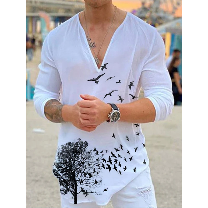2022 New Men's T-shirt V-neck Printing Long Sleeve Slim Breathable High Quality Soild Color Top Tee Fashion Casual Mens Clothing