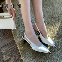 iron square toe leather stiletto women pumps sandals slingback elastic slides high heels hollow elegant black white party shoes