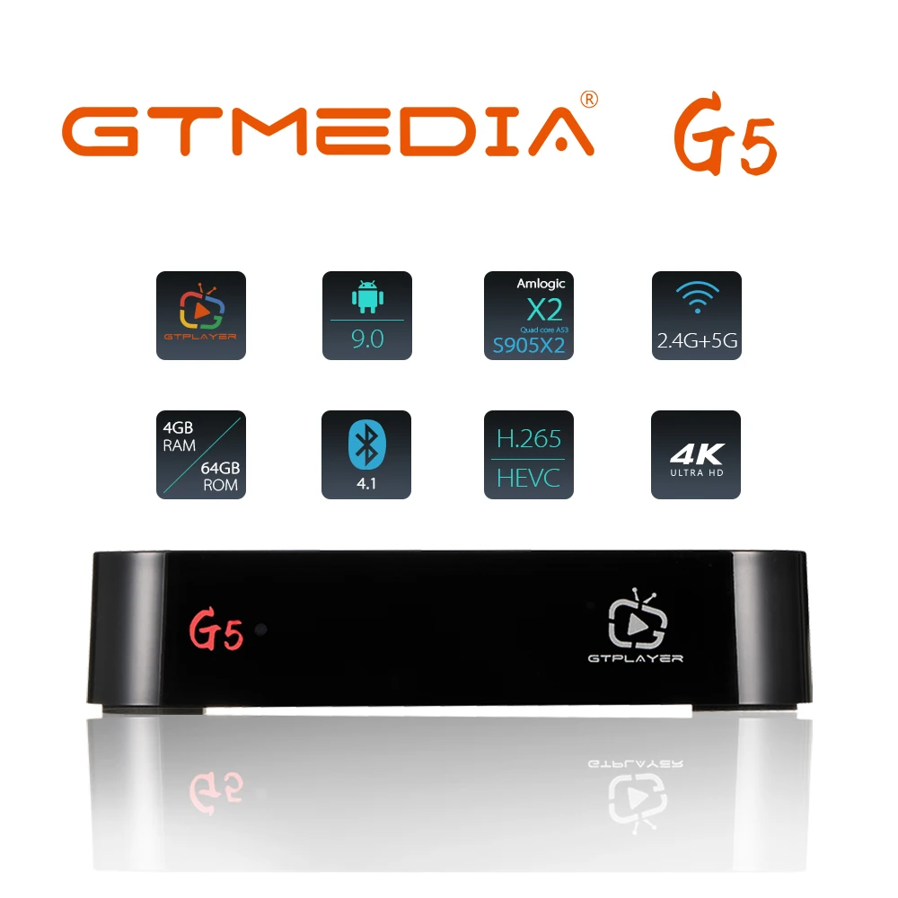 

GTmeid G5 Android TV Box 9,0 4GB 64GB 4K H.265 Media Player 3D видео Google Assistant Netflix 2,4G Wi-Fi 5 ГГц Wi-Fi Bluetooth Smart TV