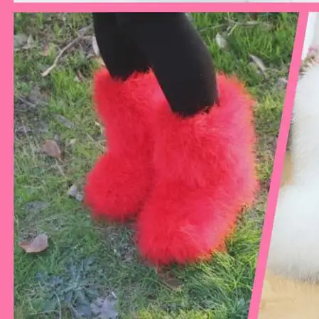 Red 24cm ASILETO/зимние женские теплые ботинки; теплые лыжные ботинки на плоской подошве из натурального меха страуса и перьев; ботинки; 568 - Цвет: Red 24cm