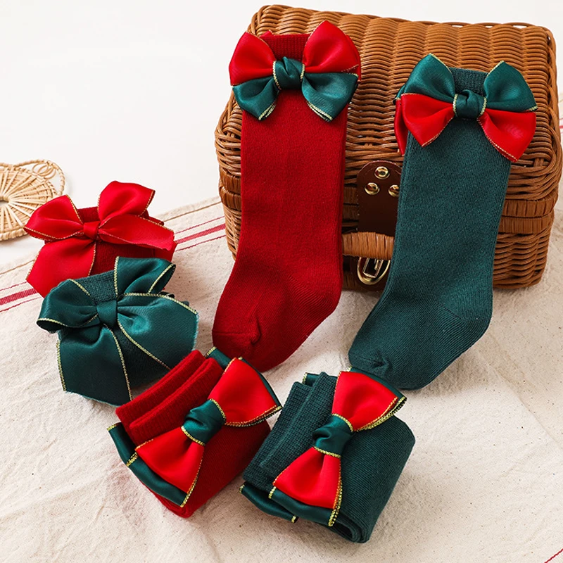 

2 Pairs Kids Christmas Baby Girl Socks Bow Knot Socks Baby Socks Red Green Stockings 0-3Year