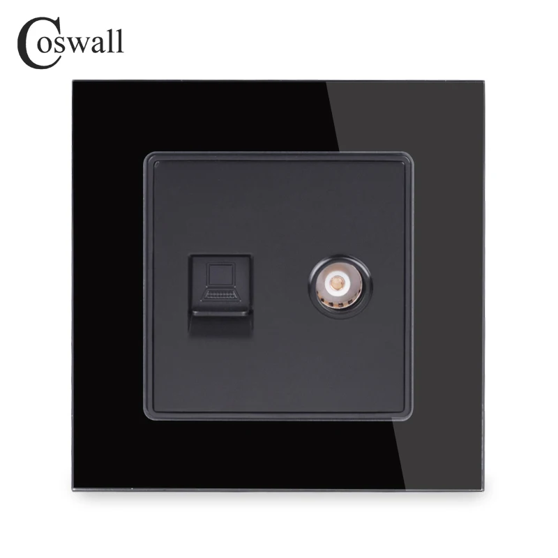 Black COSWALL Кристалл Закаленное стекло Блок розеток женский ТВ разъем с CAT5E RJ45 Интернет компьютер разъем для передачи данных C1 серии - Тип: Black