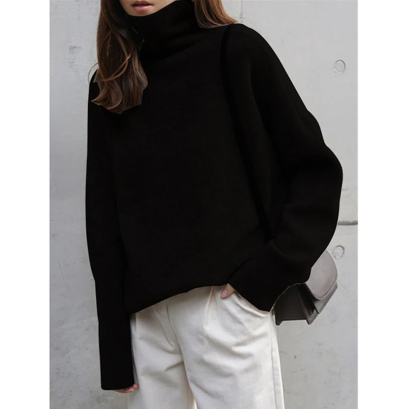 

100%Wool New Women's High Neck Loose Wool Sweater Pullover Thick Knitted Cashmere Sweater Outer Wear Base Large Size Warm Top