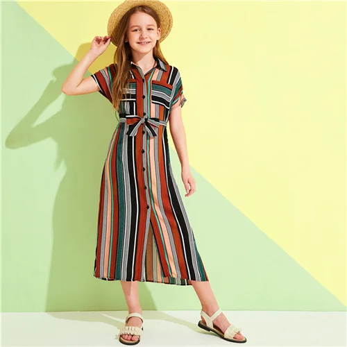 Multicolor SHEIN/Детское платье-рубашка в полоску на одной пуговице с поясом спереди для девочек; коллекция года; летнее повседневное длинное платье с рукавами «летучая мышь» и карманами - Цвет: Multicolor