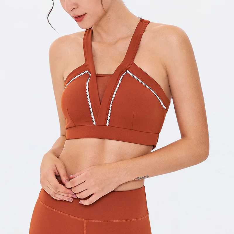 Женский спортивный бюстгальтер с лямкой на шее сетчатый дышащий глубокий v