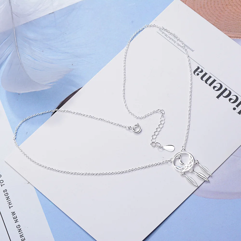 Ожерелье Ловец снов из серебра 925 пробы листья короткая цепочка на ключицы