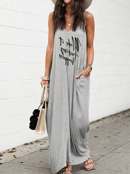 

Women Grey V Neck Letter Printed Maxi Dresses Summer Leisure Solid Sleeveless Dress Streewear Plus Size 4XL Female Vestidos