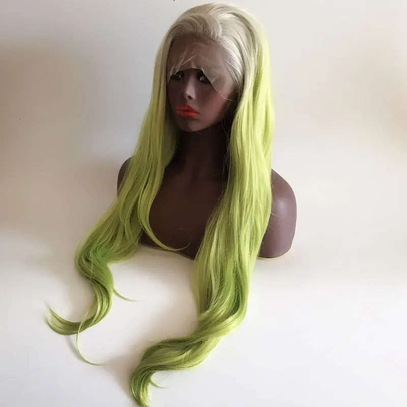 BM White Roots Ombre Green Natural Wave Synthetic 13*4 Lace Front Wig Heat Resistant Fiber Hair Natural Hairline For Women Wigs