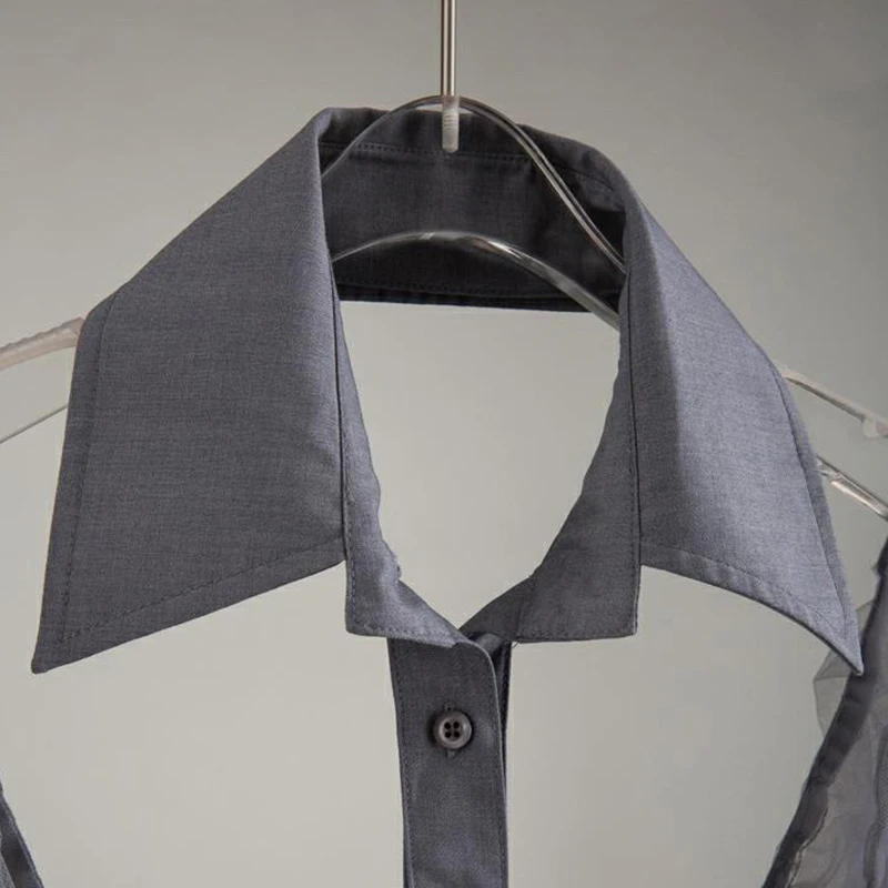 

VGH Sexy Patchwork Mesh Shirt For Women Lapel Lantern Long Sleeve Short Slim Blouse Female Fashion New Clothing Spring 2021