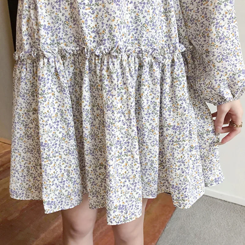 

French Style Bubble Full Sleeve Women Mini Dress New Spring Fashion Vintage Cute Floral Print Vestidos Age Reducing Chiffon Robe