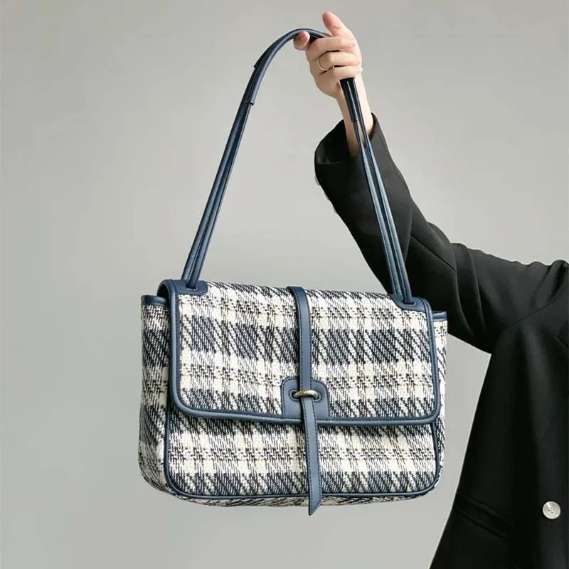 

Small Blue Canvas Tote Bag Stray Fashionable Purses Large Capacity Female Wild Crossbody Lattice Handbags Women Bags Designer