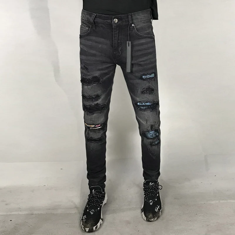 American Street Style Fashion Men Jeans Retro Black Gray Elastic Slim Fit Ripped Jeans Men Patches Designer Hip Hop Punk Pants