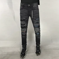 american street style fashion men jeans retro black gray elastic slim fit ripped jeans men patches designer hip hop punk pants