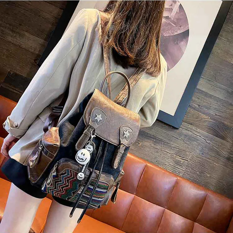 

Denim with Leather Backpack Women Bag Mini Shoulder