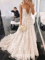 a line wedding dresses v neck sweep brush train lace tulle sleeveless country sexy with appliques 2021