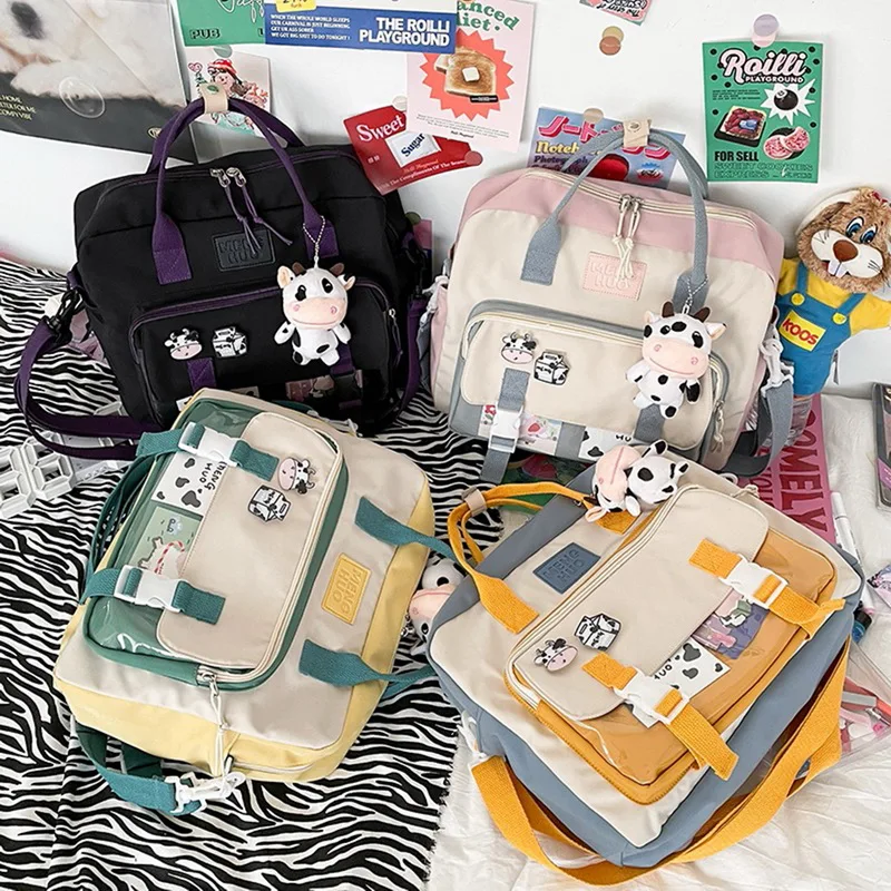 

Women Cute Cow Backpack Female Student College Schoolbag Girl Badge Multifunctional Backpacks Kawaii Ladies Waterproof Nylon Bag