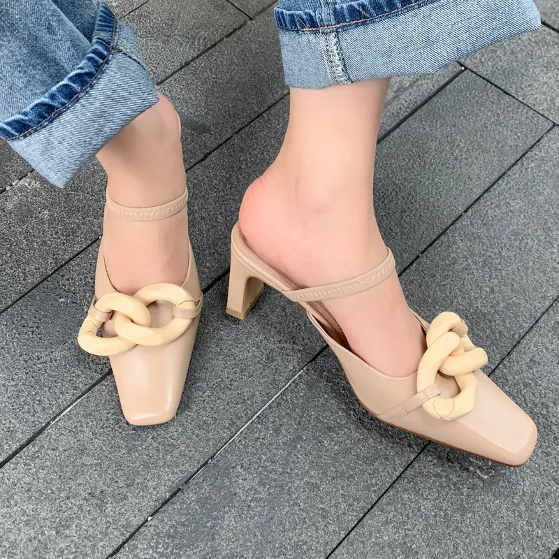 

Women Slipper Genuine Leather Fashion Summer Thickhigh Heels Pumps For Women square toe Dancing Party Women Sandals
