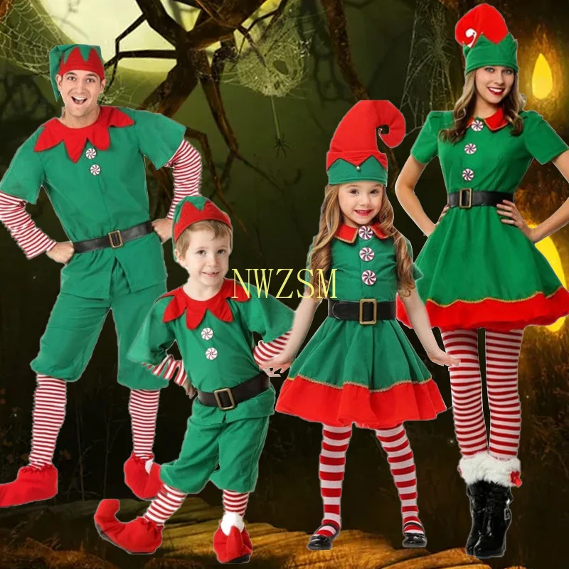 Fontes de Festa Feminino Masculino Menino Menina Natal Papai Noel Traje Crianças Adultos Família Verde Elf Cosplay Trajes Carnaval 2022