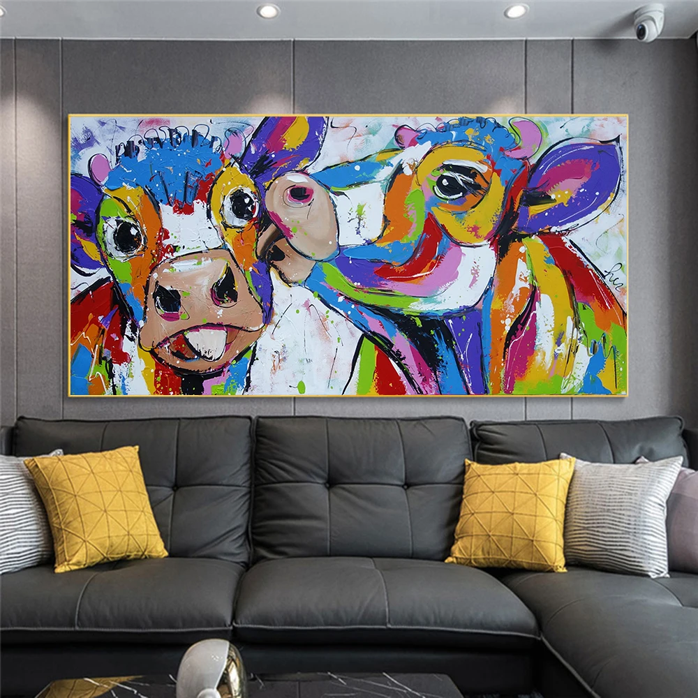 

Lovely Cartoon Oil Paintings Art Canvas Print Painting Colorful Cow Animal Wall Poster Decor for Kidsroom One Piece Decoration
