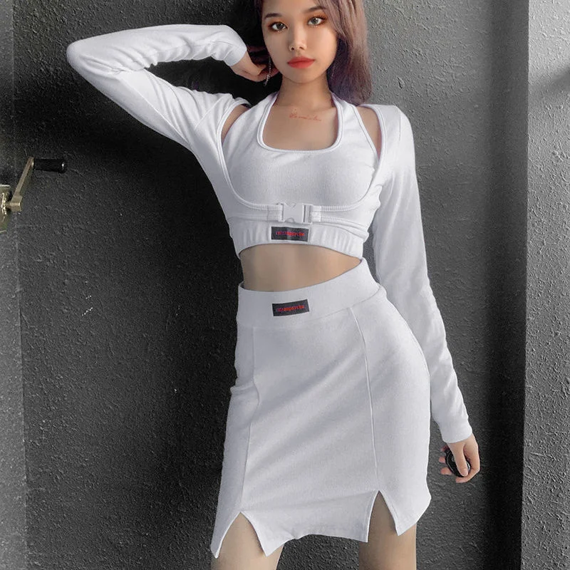 

Woman Skirts Two Piece Button Long Sleeve T-shirt with Neck Sexy Vest High Waist Thin Skirt Mujer Faldas Saias Mulher