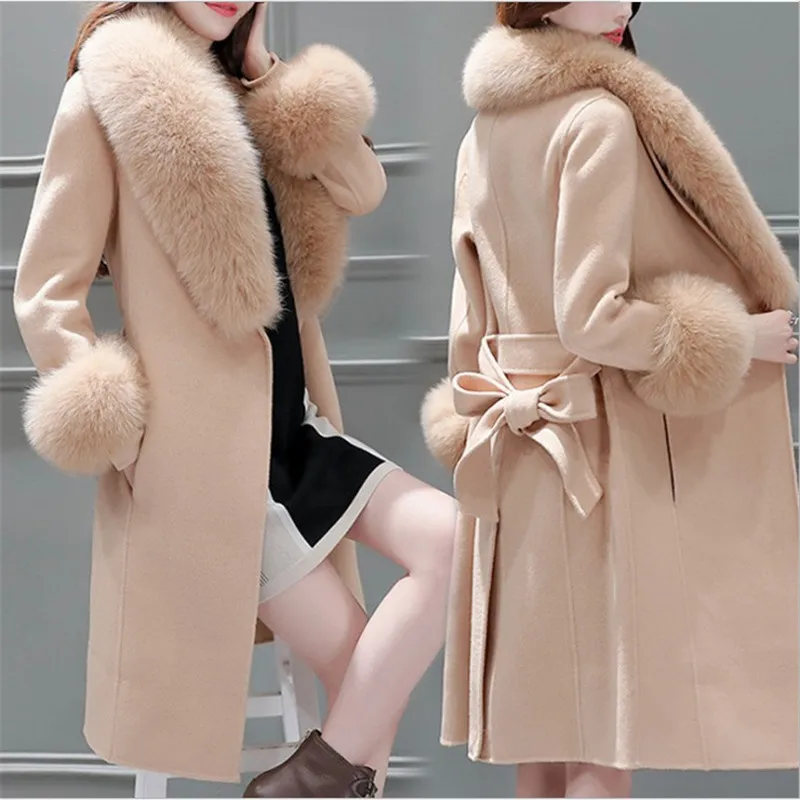 Woman Autumn Winter High Quality Elegant Woolen Coat Female Long Section Slim Belt Large Coat Detachable Fur Collar 