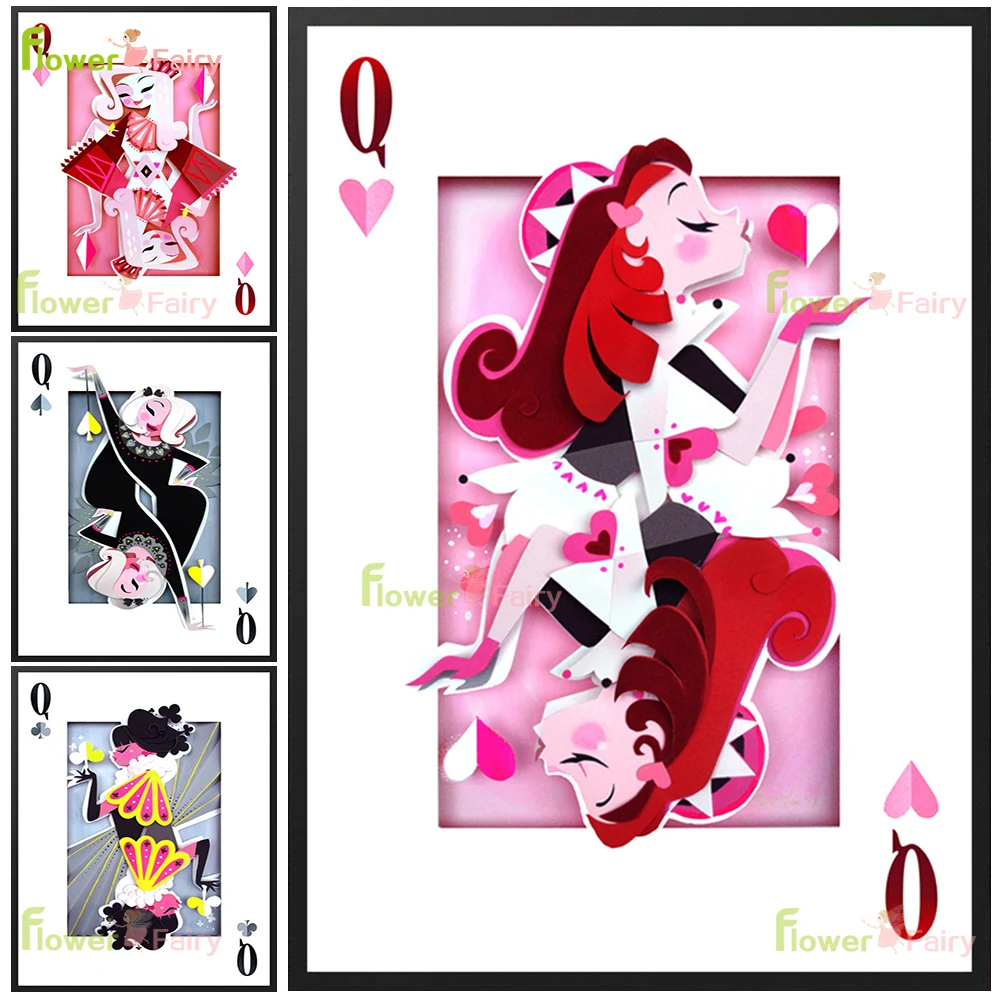 

Cartoon Funny Poker Queen Nordic Poster Wall Art Canvas Painting Girl‘s Gift Wall Pictures For Living Room Home Decor Unframed