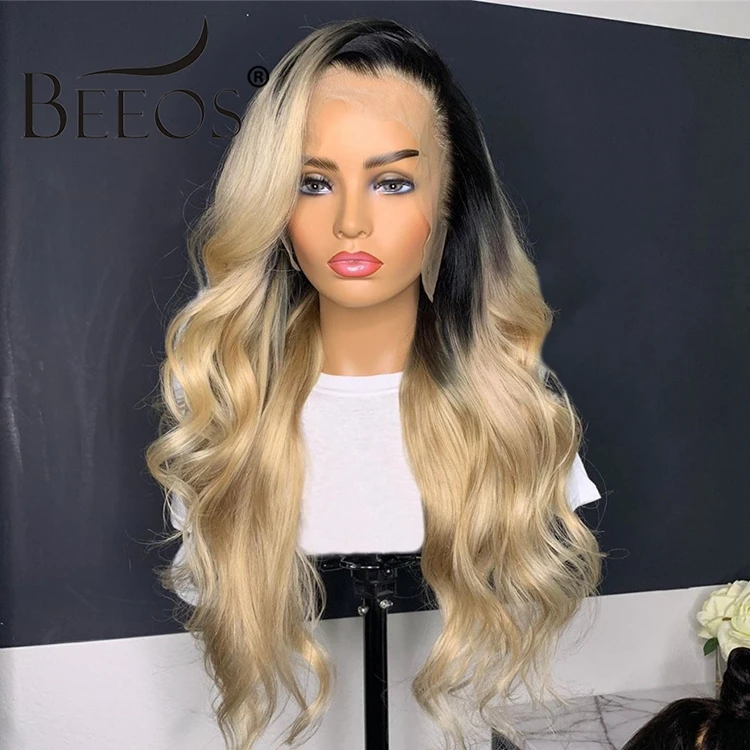Beeos Glueless Ombre 1b 613 блонд 13*4 человеческие волосы на кружеве парики бразильские объемные волнистые парики на фронте шнурка предварительно сорванные Remy