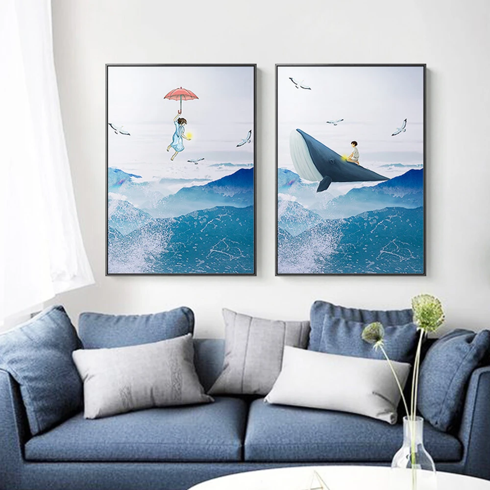 

Modern Umbrella Whale Children's Room Painting Canvas Painting Wall Pictures For Living Room Decor Lienzos Cuadros Decorativos