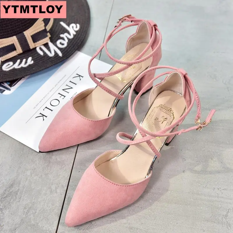 Тонкие Туфли из замши Женские летние босоножки на высоком толстом каблуке с