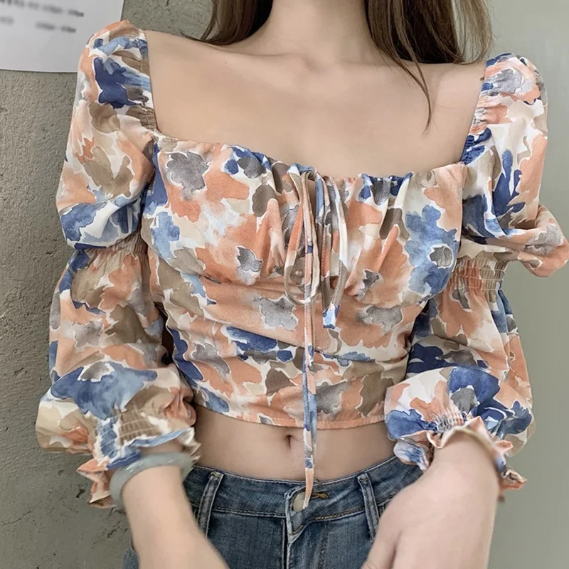 

Блузка Jlong шифоновая с длинным рукавом, пикантная Милая Модная рубашка с квадратным вырезом и цветочным принтом