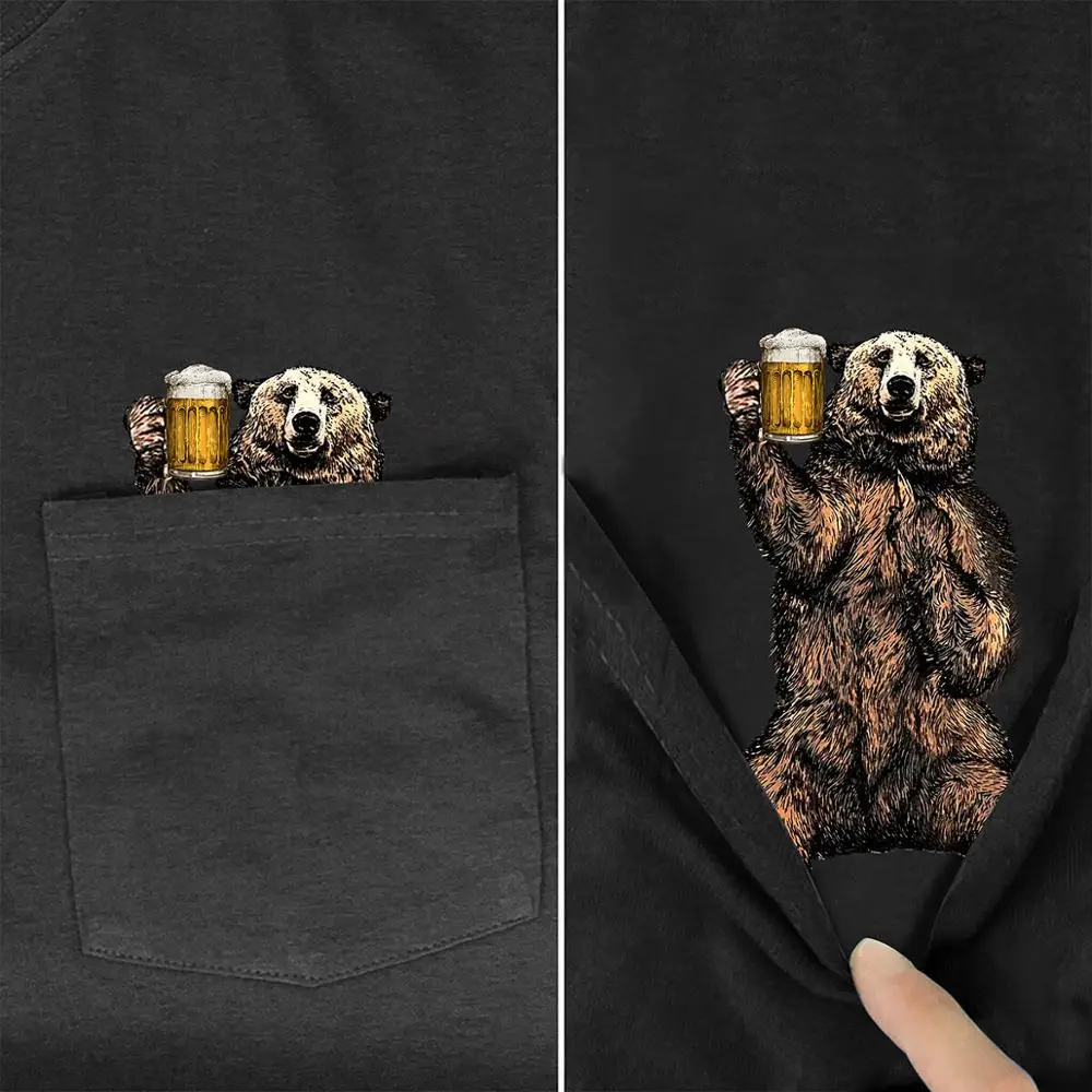 Drink Bear In Pocket T Shirt Dog Lovers Black Cotton Men Made in USA Cartoon t shirt men Unisex New Fashion tshirt style-3